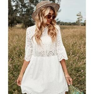 Pippidip Dress Eyelet Lace Mini Dress Scalloped Hemline and Sleeves size Medium